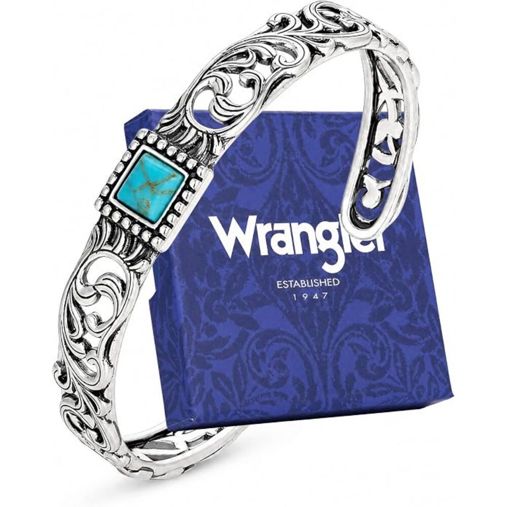 Wrangler Turquoise Cuff Bracelet, Carved Floral Western Jewelry for Women